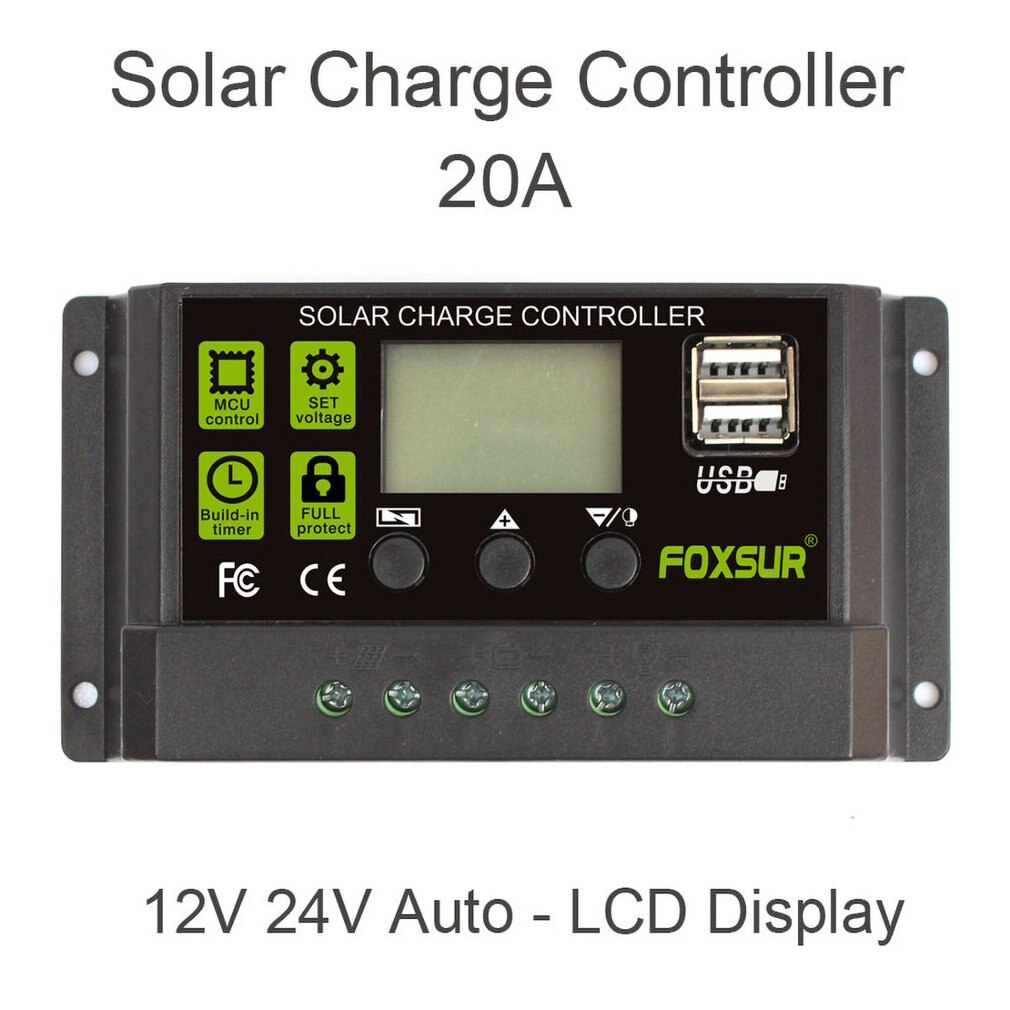 FOXSUR 20A Auto Solar Charge Controller PWM Controllers LCD Dual USB 5V Output Solar Panel PV Regulator