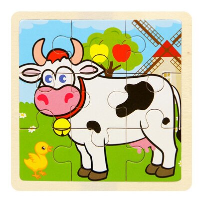 Mini Size 11*11cm Wooden 3D Cartoon Puzzle Jigsaw for Children Kids Cartoon Animal/traffic Puzzles Educational Toy Girl Boy: cattle