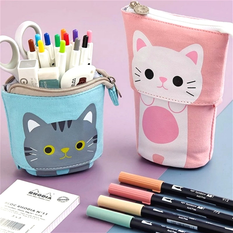 Pen Pencil Bag Case Cartoon Cute Cat Bear Sheep Canvas Fold Standing Holder Stationery Organizer Kids