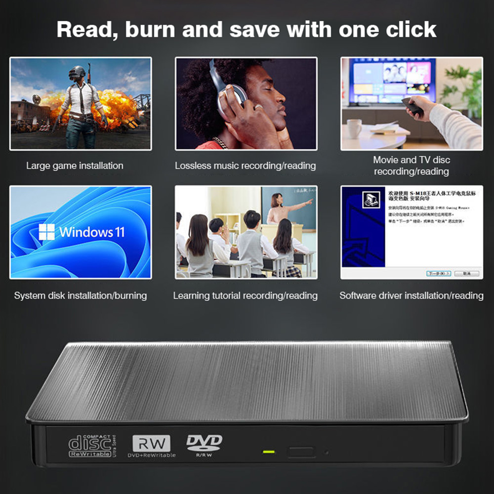 Byscoon External DVD Drive for Laptop PC CD Player USB 3.0 Optical Drive CD Burner Compatible with Windows 10 11 Linux Mac OS