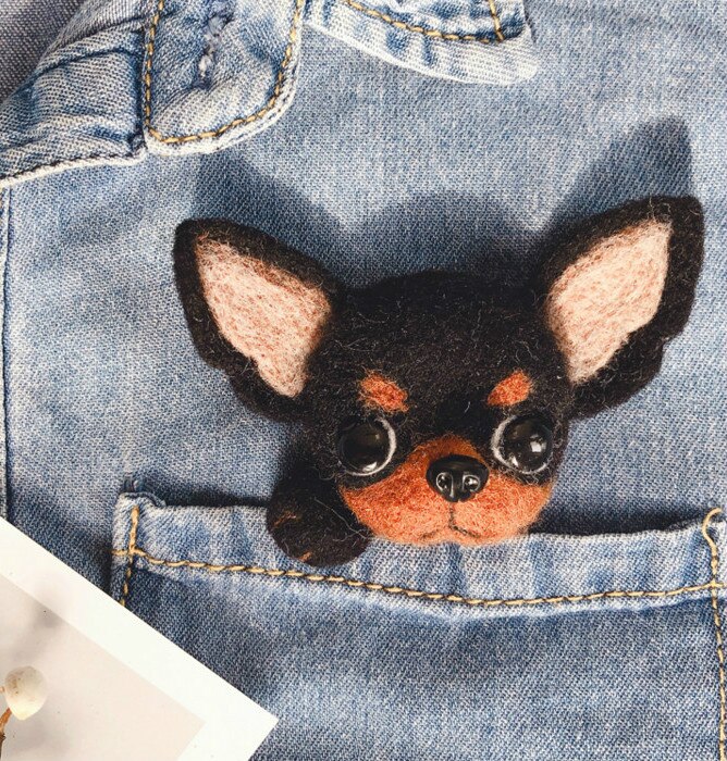 Broche de cabeza de perro hecho a mano para mujer, hecho a mano, de lana, fieltro, hecho a mano, juguete de DIY para muñecas, fieltro de lana