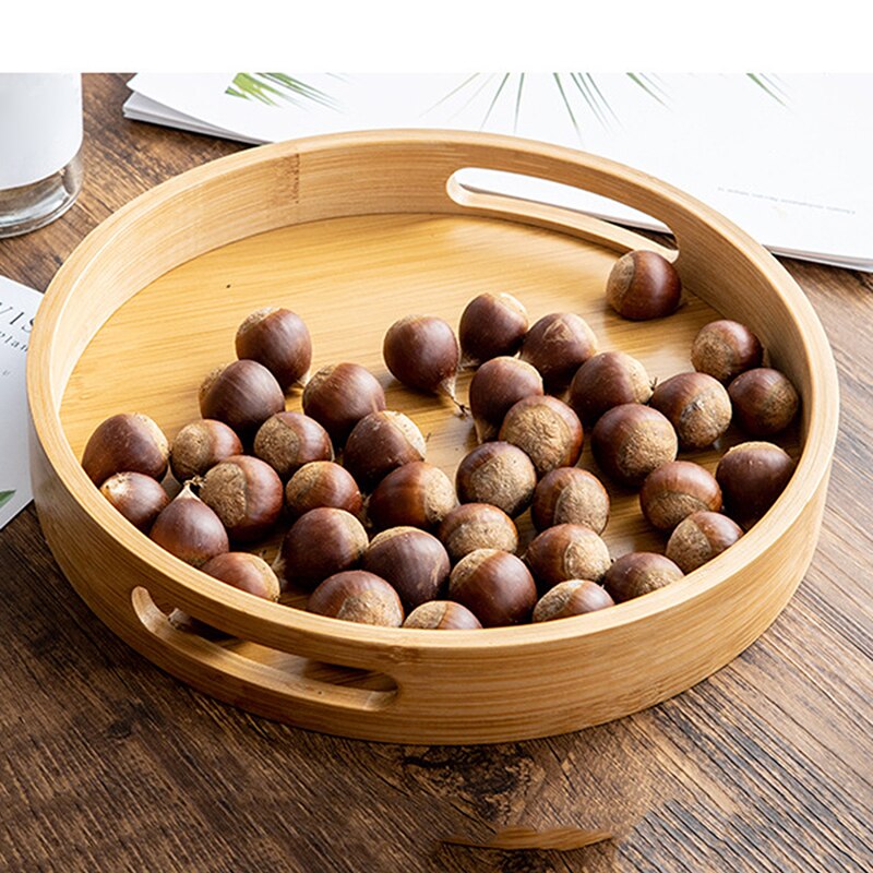 Bandeja redonda de madera de bambú para servir, accesorio para el hogar, bandejas para cena, barra de té, desayuno, contenedor de comida, bandeja de almacenamiento con asa