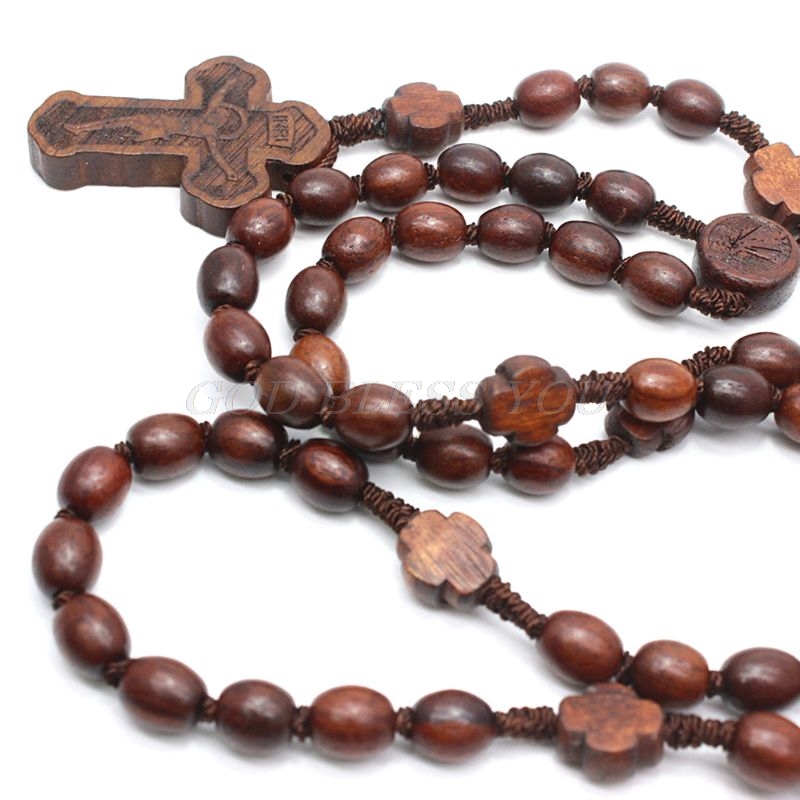 Handgjorda runda pärlor katolska radband kors religiösa träpärlor män halsband charm