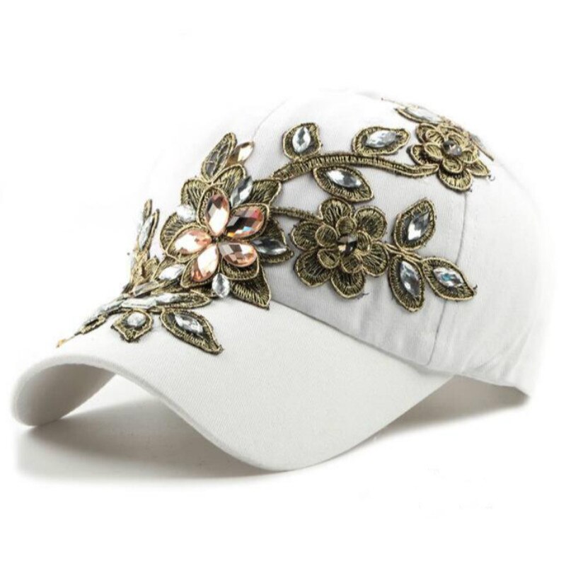 Qui sous la douche bling strass femmes casquette réglable fleur cristal femme snapback chapeau en plein air été casquette de baseball: WHITE