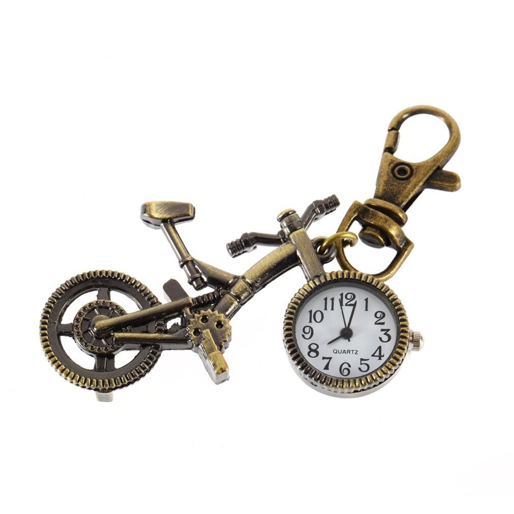 Vintage Brons Kleur Bike Sleutelhanger Clock Quartz Pocket Hanger Watch Ketting Trui Sleutel Chain Stationaire