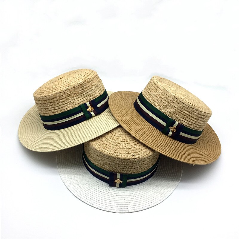 Vrouwen Gestreepte Band Raffia Schipper Natuurlijke Strooien Hoed Meisjes Platte Rand Zomer Strand Floppy Strooien Hoed Met Brede Band