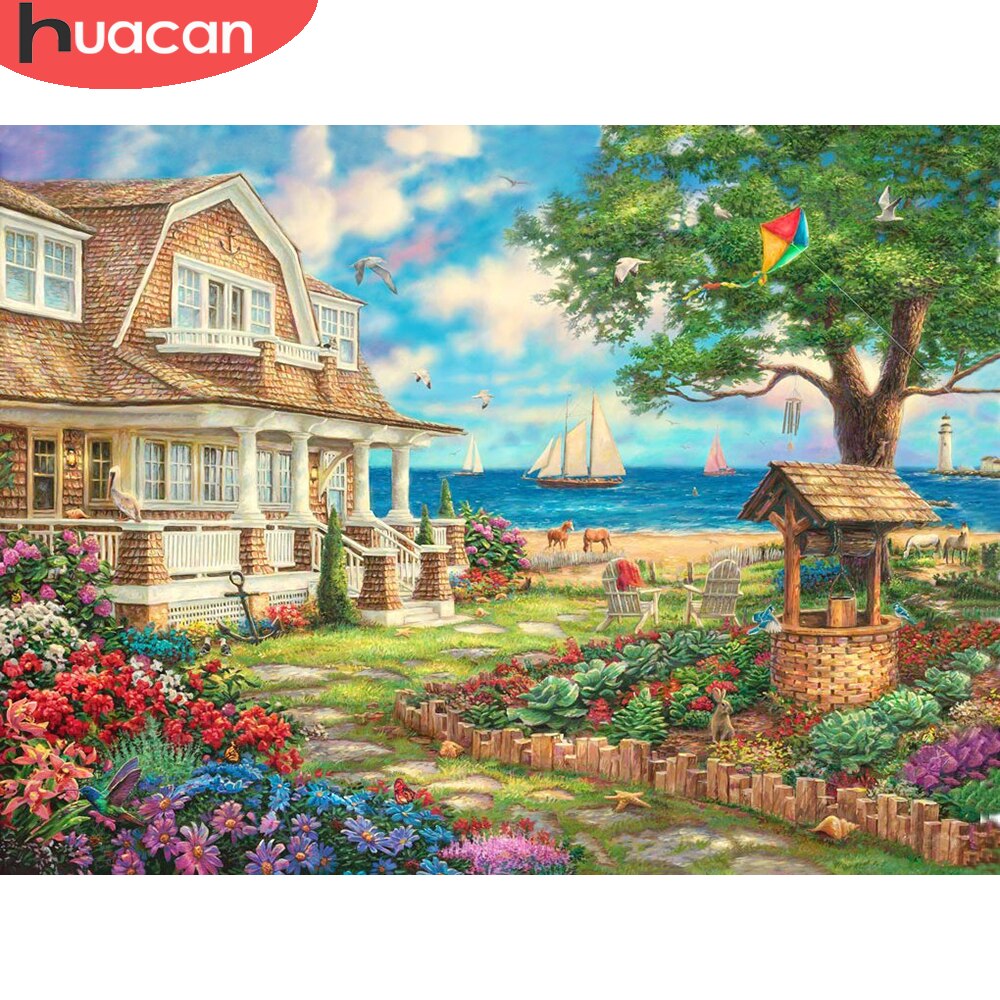 HUACAN Mosaic Seaside Diamond Painting 5D House Embroidery Kit Landscape Picture Of Rhinestones Decoration For Home