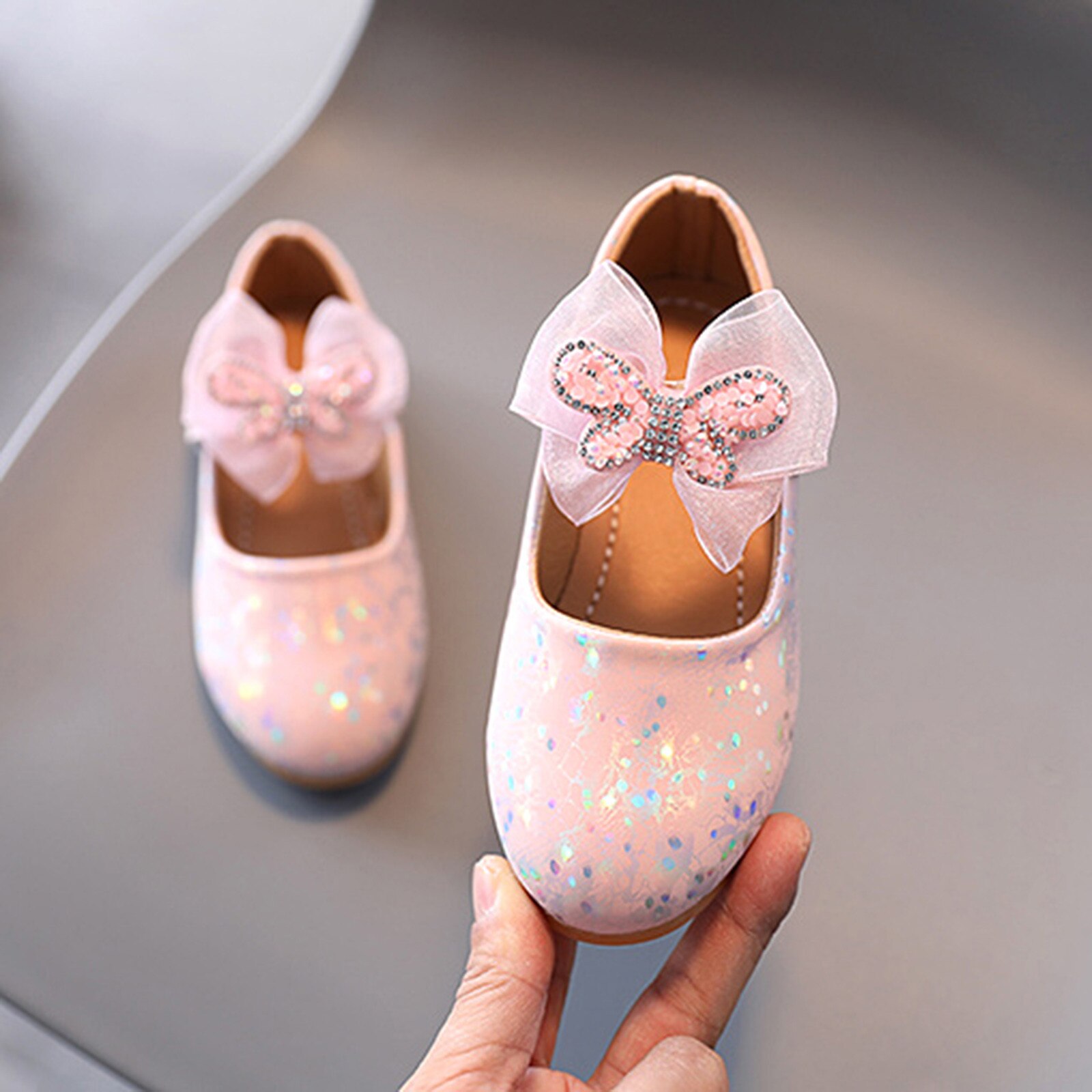 Crystal Flat Heel Girls Single Shoes Butterfly Shoe Children Girls Crystal Butterfly-knot Princess Shoes Single Shoes#g30: Pink / 11.5