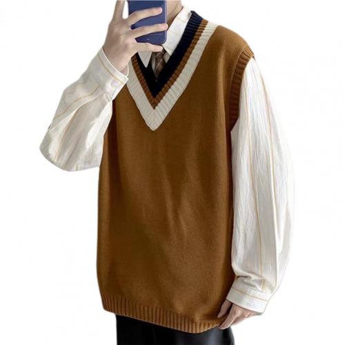 Chaleco de punto de estilo pijo, suéter de gran tamaño con cuello en V para la escuela, fabuloso, Primavera: Castaño / XL