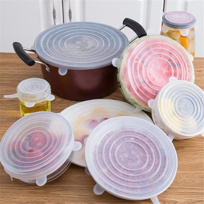 6Pcs Reusable Silicone Food Wrap Stretch Vacuum Seal Cover Saran Wrap Kitchen Tools Organization Food Fresh Keeping Sealed Lids