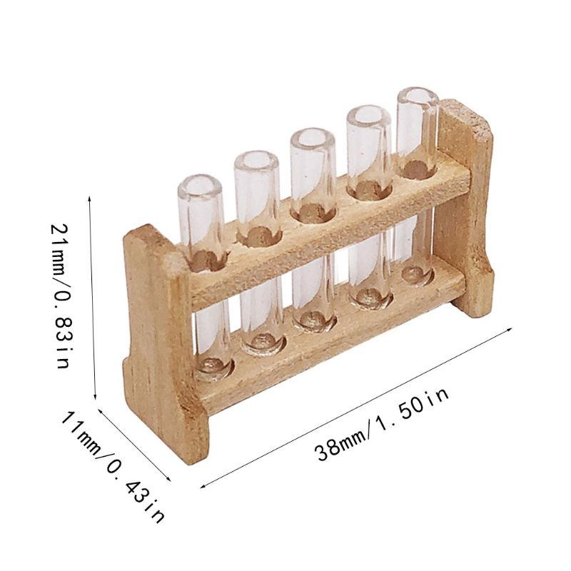 5 stks/set Laboratorium Glasreageerbuizen met Houten Rek Set 1:12 Dollhouse Miniatuur Accessoire Ornament