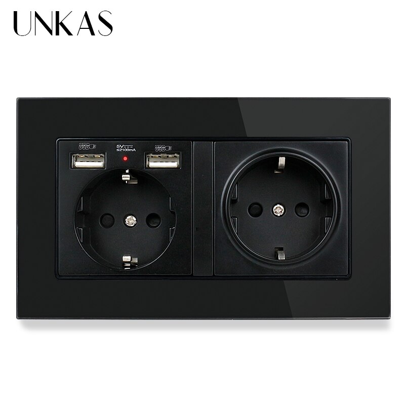 UNKAS Russia Spain EU Standard 16A Wall Socket Dual USB Charge Port Tempered Crystal Glass Panel Black White Grey Outlet: 146 EU 2USB Black