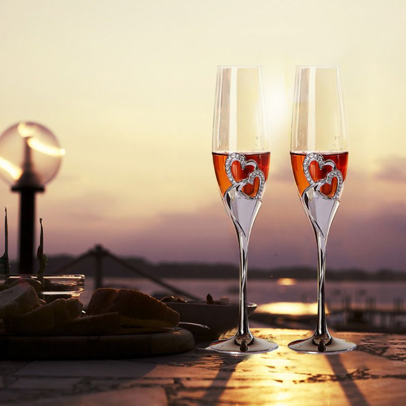 Champagneglazen voor bruiloften, zilveren hartjes, set  of 2 b0kb