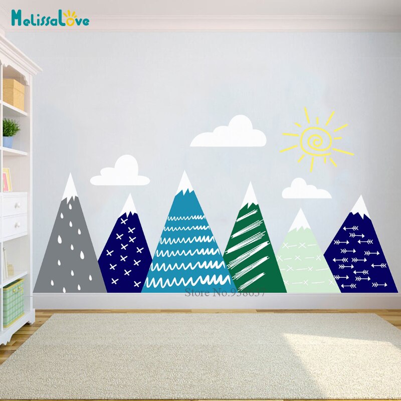 Grote Berg Muurschildering Woodland Babykamer Muursticker Decal Zon Cloud Familie Kids Kinderkamer Decor BA538: color as pic / S 112x57cm