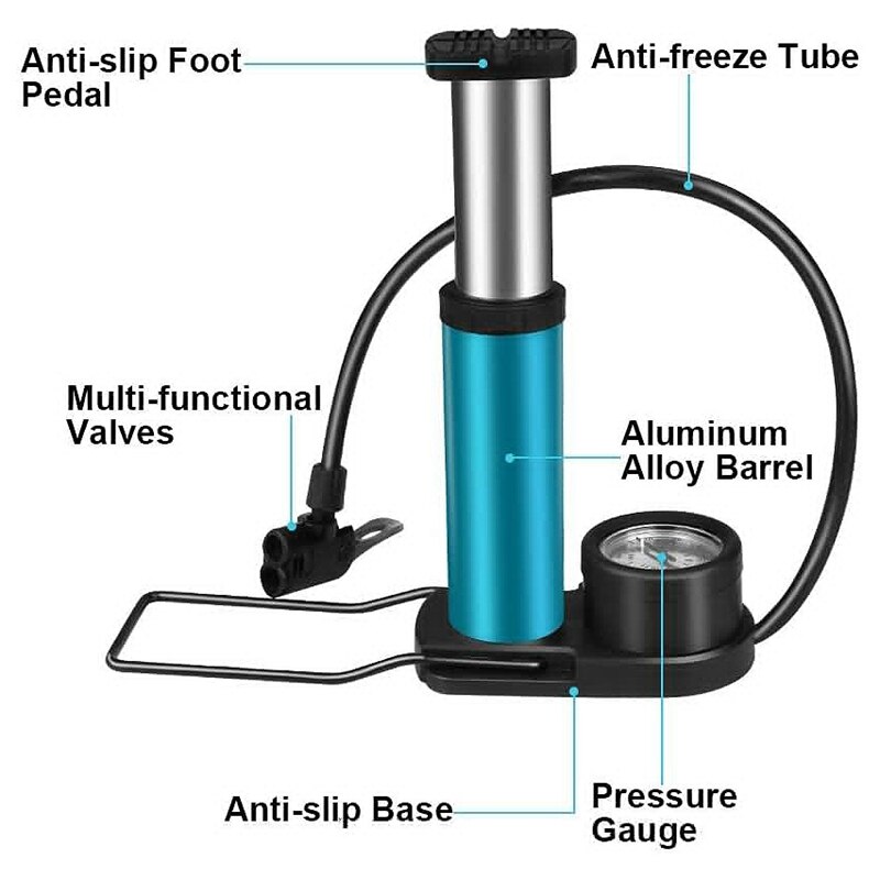 Fahrrad Fuß Pumpe mit Manometer Universal Presta und Schrader Ventil Mini Fahrrad Reifen Luftpumpe mit Gas Ball Nadel, blau