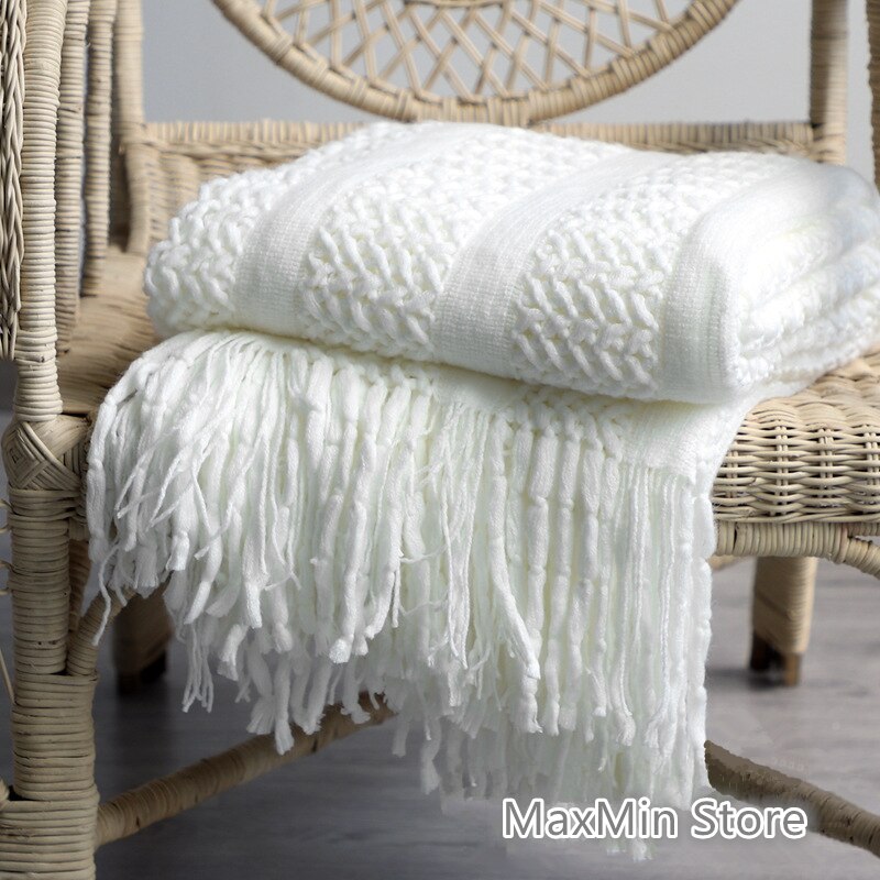 170 x 130cm heklet frynset massivt sofakasteteppe nordisk dusket dekorativt teppe lett mykt sengetrekk: Hvit