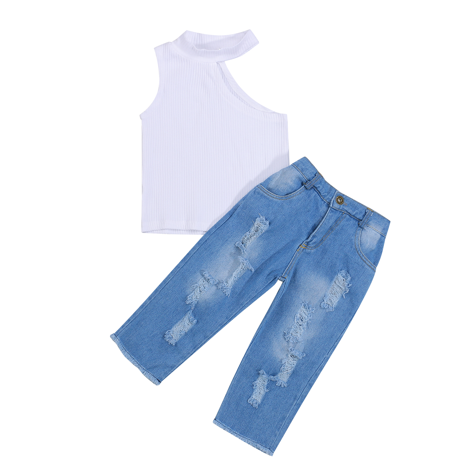 Conjunto de ropa de para niñas de 1 a 6 años, top de punto sin mangas con hombros descubiertos y pantalones vaqueros rasgados, ropa de verano para niñas: Blanco / 2T