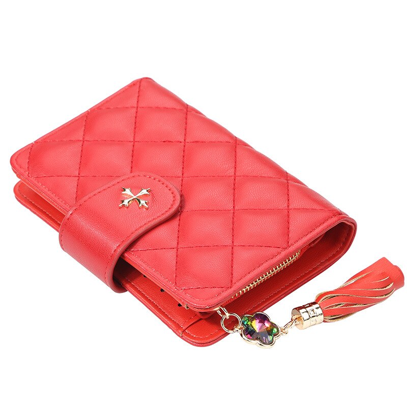 Grid Women Mini Purse Gold Leather Women Wallets Zipper Clutch Red Coin Bag Card Holder Ladies Girls Casual Short Wallet: Red