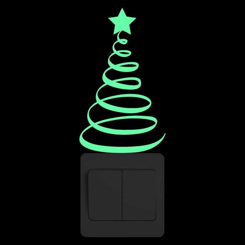 Spiraal Kerstboom Muursticker Glow in The Dark Cartoon Xmas Boom Schakelaar Sticker Etalage Deur Home Decor Lichtgevende decals