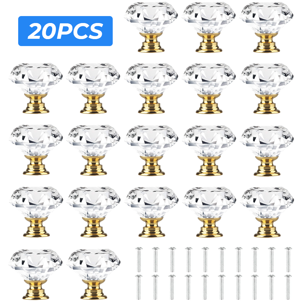 Pomelli in cristallo a forma di diamante, 20 pezzi/impostato, 30 mm, maniglie per cassetti, armadi da cucina, ante dell'armadio: giallo