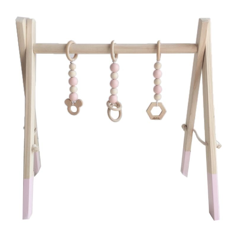 Nordisk stil baby gym spille ramme træ spædbarn børnehave sensorisk ring-pull legetøj: Lyserød