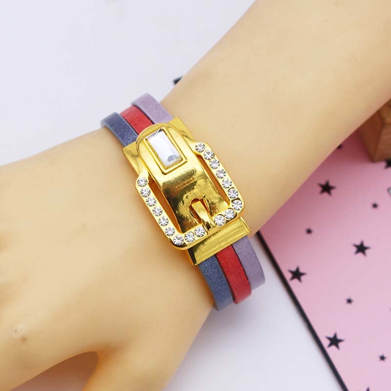 Lederen Armband Voor Vrouwen Mode Strass Magnetische Gesp Goud Charme Brede Versie Of Multilayer Vrouwen Sieraden