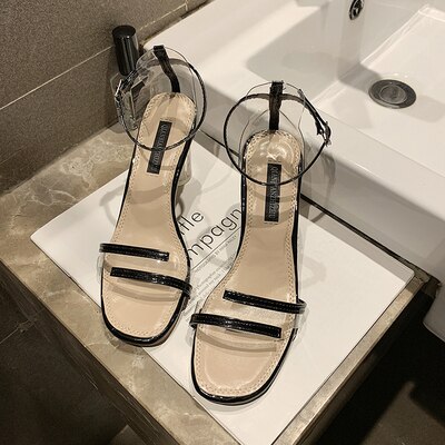 Damesschoenen wilde avondschoenen kristal transparante hoge hakken woord gesp sandalen vrouwelijke feeën stijl zachte schoenen: Zwart / 39