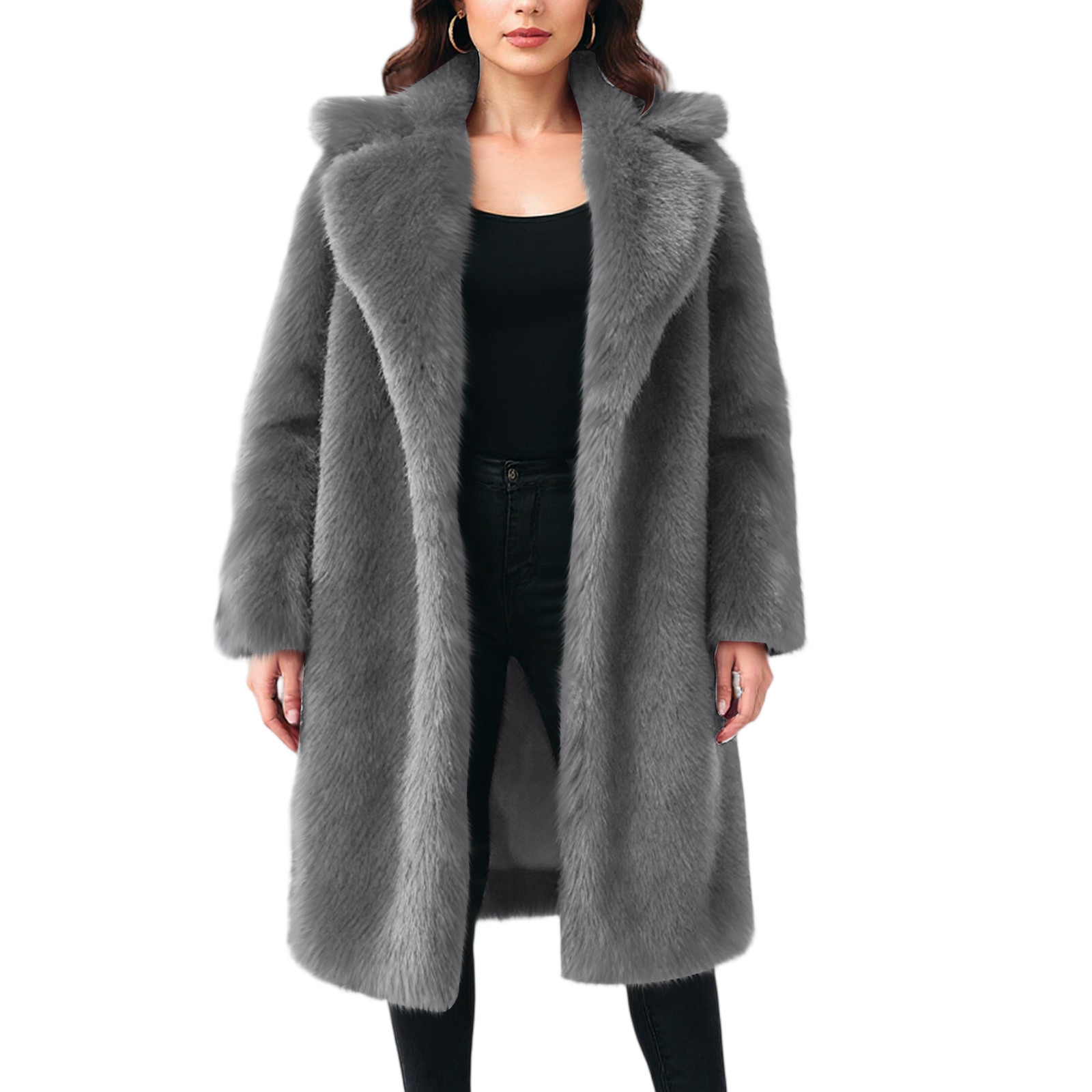 Women Fashionable Thermal Coat Simple Solid Color Long Sleeve Lapel Thicken Coat Female Winter Temperament Overcoat: L / GRAY