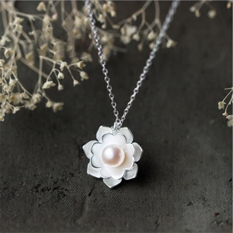 925 Sterling Silver Jewelry Female National White Lotus Shell Beads Pearl Flowers Pendant Necklaces H305