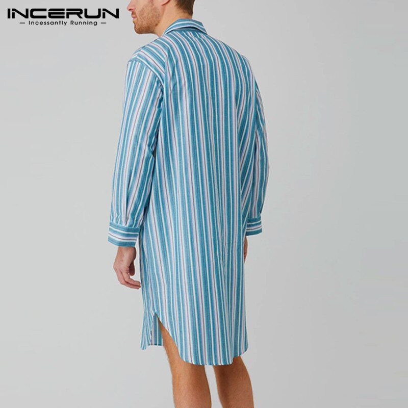 INCERUN Men Striped Nigthwear Robes Long Sleeve Lapel Sleep Robes Loose Pockets Homewear Breathable Bathrobes Plus Size7