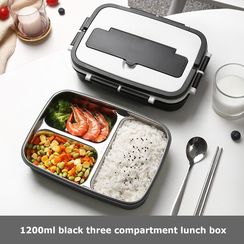 Draagbare Lunch Box Rvs Bento Box Met Servies 3/4 Compartiment Voedsel Container Lekvrije Lunchbox Voor School Office: 3 Grid Black