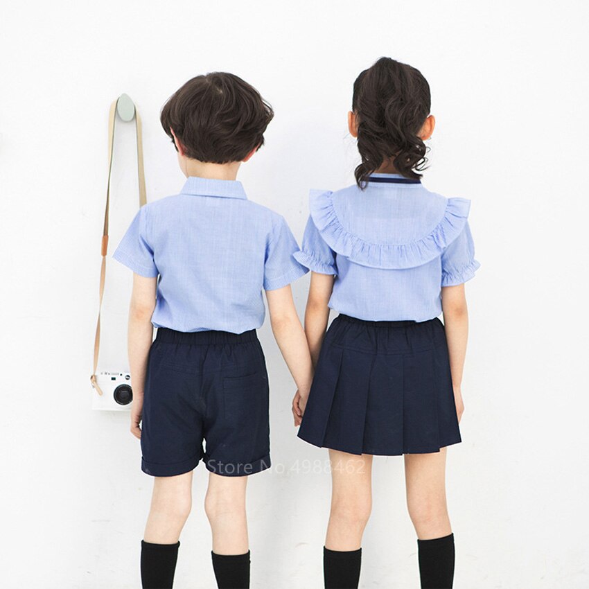 Summer Teenagers School Uniforms Girls Plaid Skirt Performance Costumes Kids Japanese Style Clothing Suit 2pcs Class Set Korean