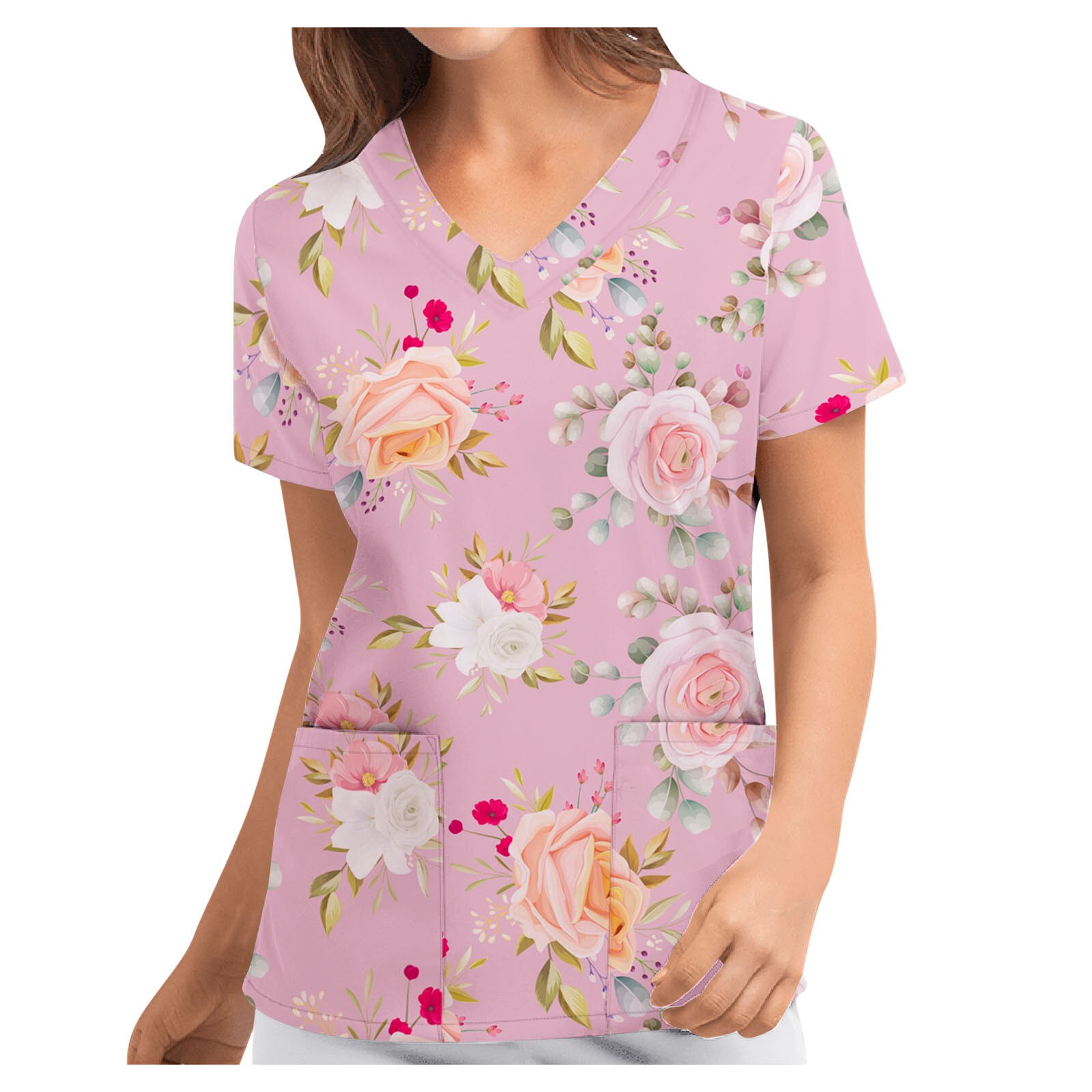 Vrouwen Blouse Korte Mouw V-hals Bloemen Patroon Femme Tops Kliniek Kleding Met Pocket Verpleging Werken Uniform Shirts
