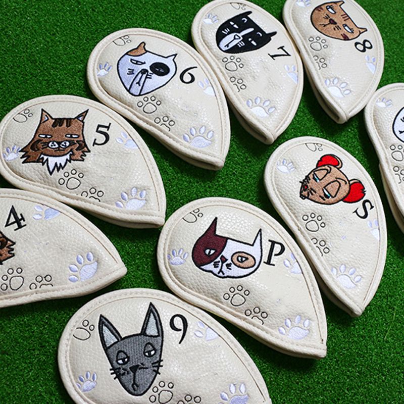 9 Pcs Portable Golf Club Headcovers Cute Cartoon Pattern PU Waterproof Cover