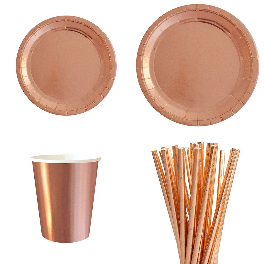 Gold Silber Folie Neue Jahr Party Supplies Einweg Papier Platte Tassen Strohhalme Tasse Kuchen Wrapper Cupcake Stehen Dessert Karton: 49pcs Rose gold set