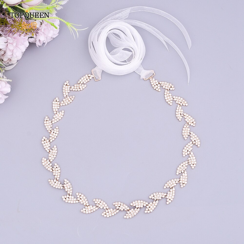 TOPQUEEN S198-G złoty pasek robić sukni ślubnej błyszczące stopu kryształ górski liście skrzydła kobiety diament akcesoria ślubne dla nowożeńców impreza pas: Organza  biały