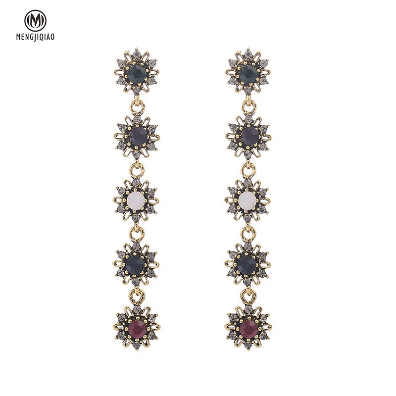 Mengjiqiao novo barroco do vintage palce colorido cristal brincos longos para mulheres elegante pendientes festa de férias jóias