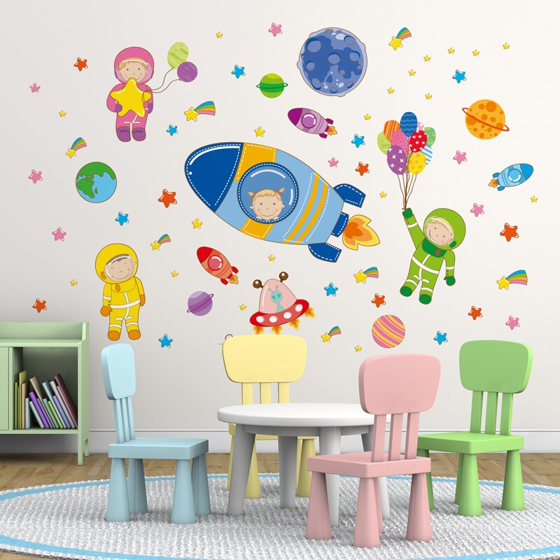 [shijuekongjian] ruimte muurstickers vinyl diy planeten raketten muurstickers voor kinderkamers babykamer huisdecoratie