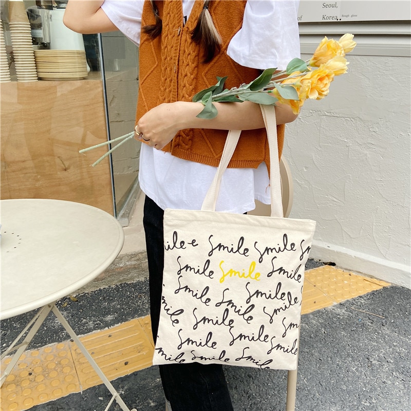 Einkaufstasche aus canvas mit smiley-schriftzug, große schultertasche aus baumwollstoff für damen, strandtasche