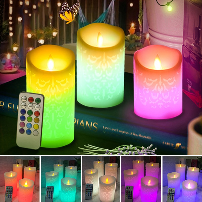 1 Set of 3 Flameless Electronic Candle LED Candle With RBG Remote Control Wax Candle For Year Christmas Wedding Decoration
