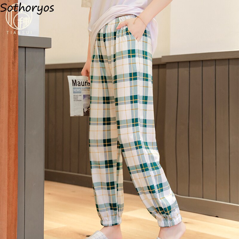 Ropa de dormir a cuadros para mujer, ropa de dormir informal, Simple, combina con todo, estilo japonés, joven, suave, diario, cintura elástica, básico, Vintage,