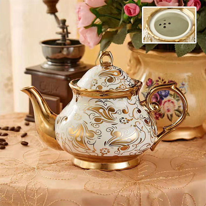 Noble English British Teapot and Cup Set High Grade Porcelain Pot Kettle Jug Party Cafe Teaware Coffee Cup and Saucer Spoon Set: Gold Pot