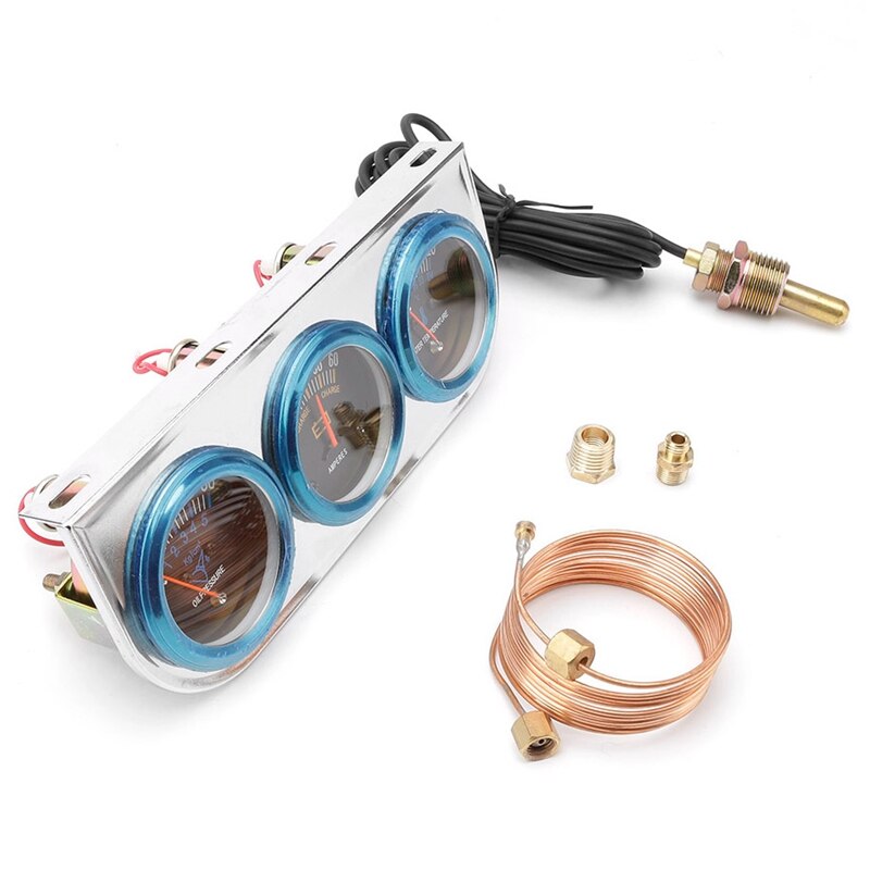 52mm Chrome Car Triple Gauge Meter Ammeter Water Temperature Oil Pressure 3-In-1 Combo Kit
