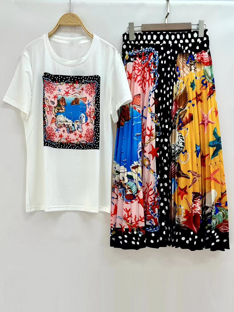 Retro sommer neue rundhals kurzarm geometrische druck T-shirt + elastische taille große schaukel rock frauen zwei-stück anzug: XXL / Gold