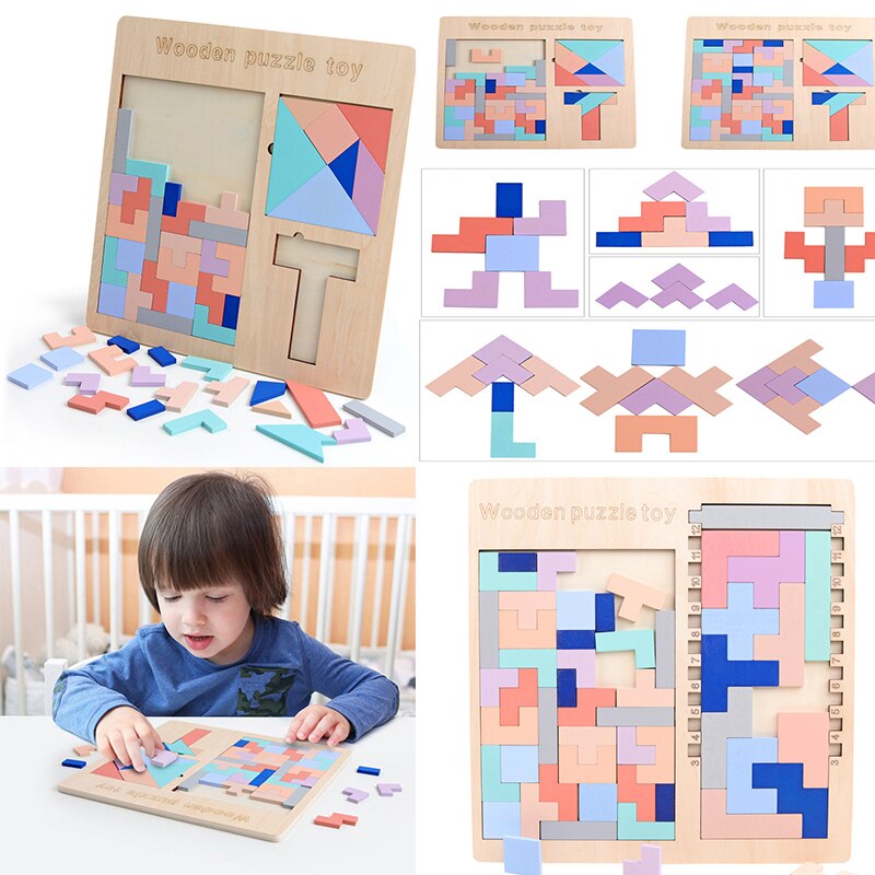 3D Puzzle Wooden Tangram Math Toys Puzzle Tetriss Game Montessori Children Educational Jigsaw Puzzle Game Toy for Boys Girl Baby