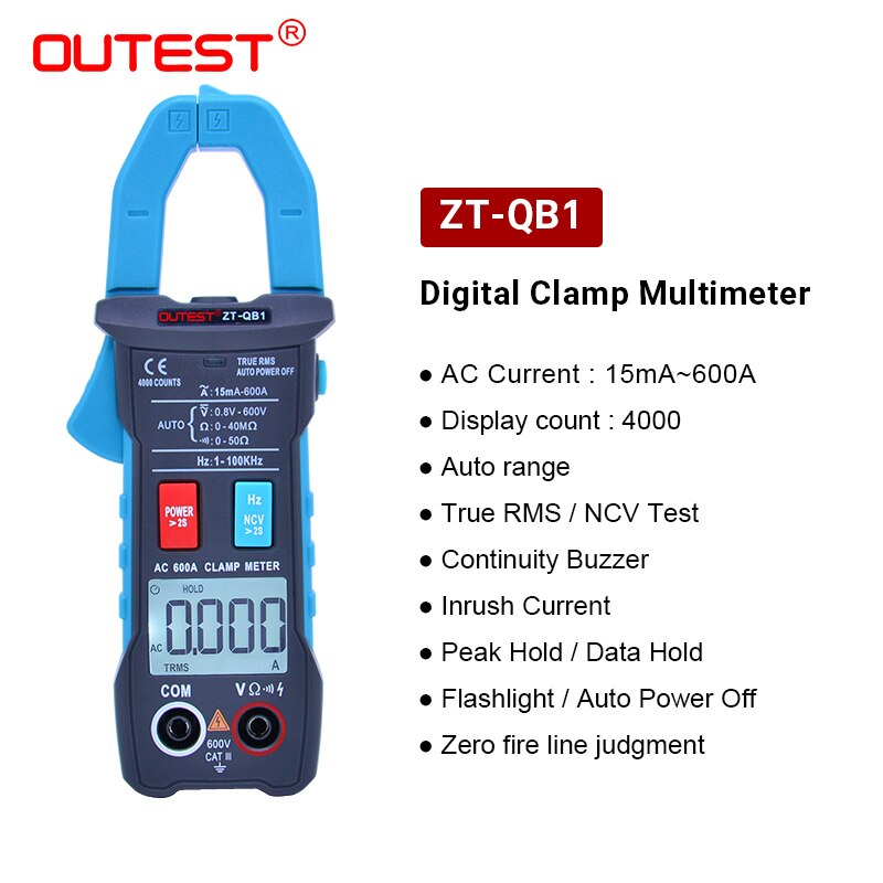 Outest true rms digital clamp meter dc / ac spænding vekselstrøm ampere ncv ohm tester amperemeter multimeter elektriker værktøj: Zt -qb1