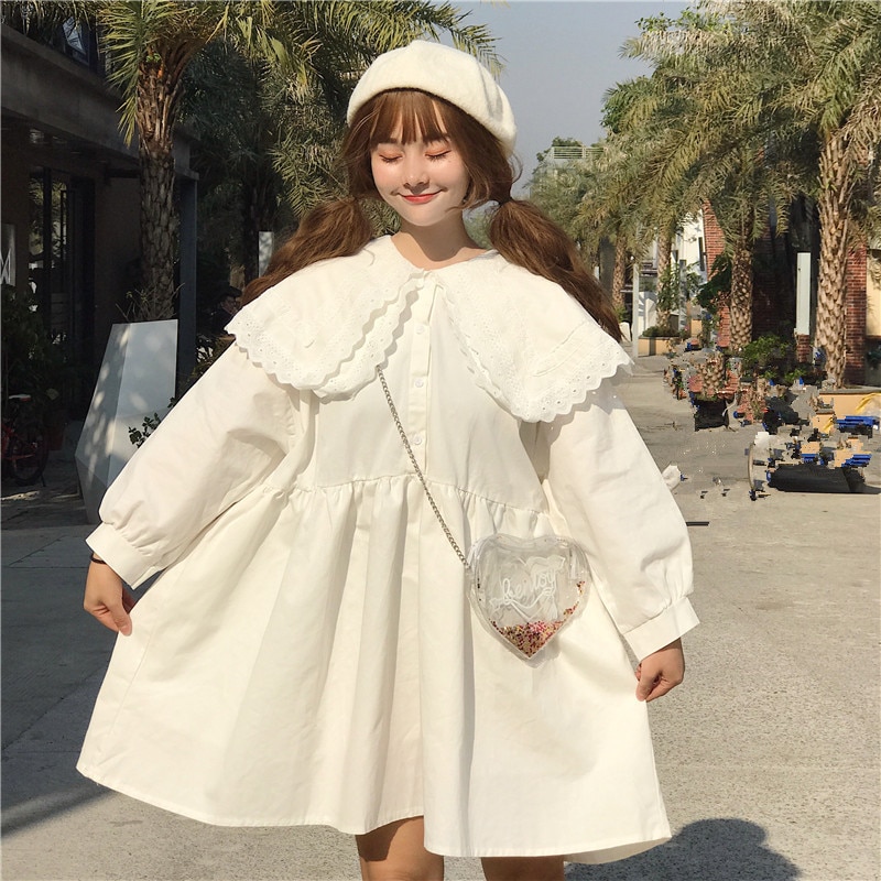 Japansk harajuku kvinder mini lolita kjole dobbeltlags blondekrave oversized sort hvid kjole efterårs sød kawaii pigekjole