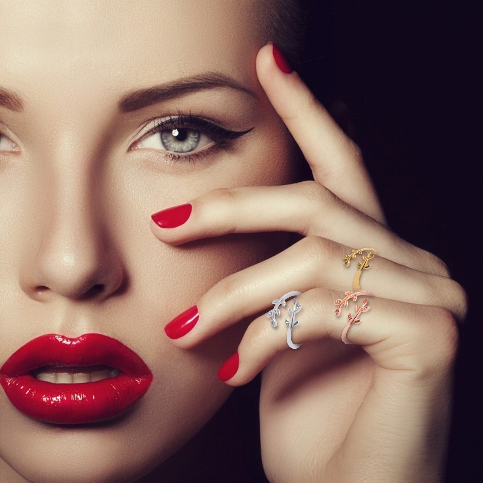 Anillos de hojas abiertas a la para mujer y niña, oro rosa, planta ajustable, nudillo, anillo de compromiso, joyería para y boda