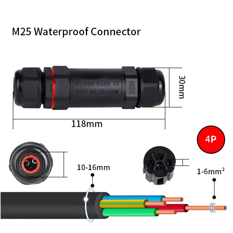 IP68 Waterproof Connector 2/3/4/5 Pin Electrical Terminal Adapter Wire Connector Screw Pin connector LEDLight Outdoor Connection: M25-4p