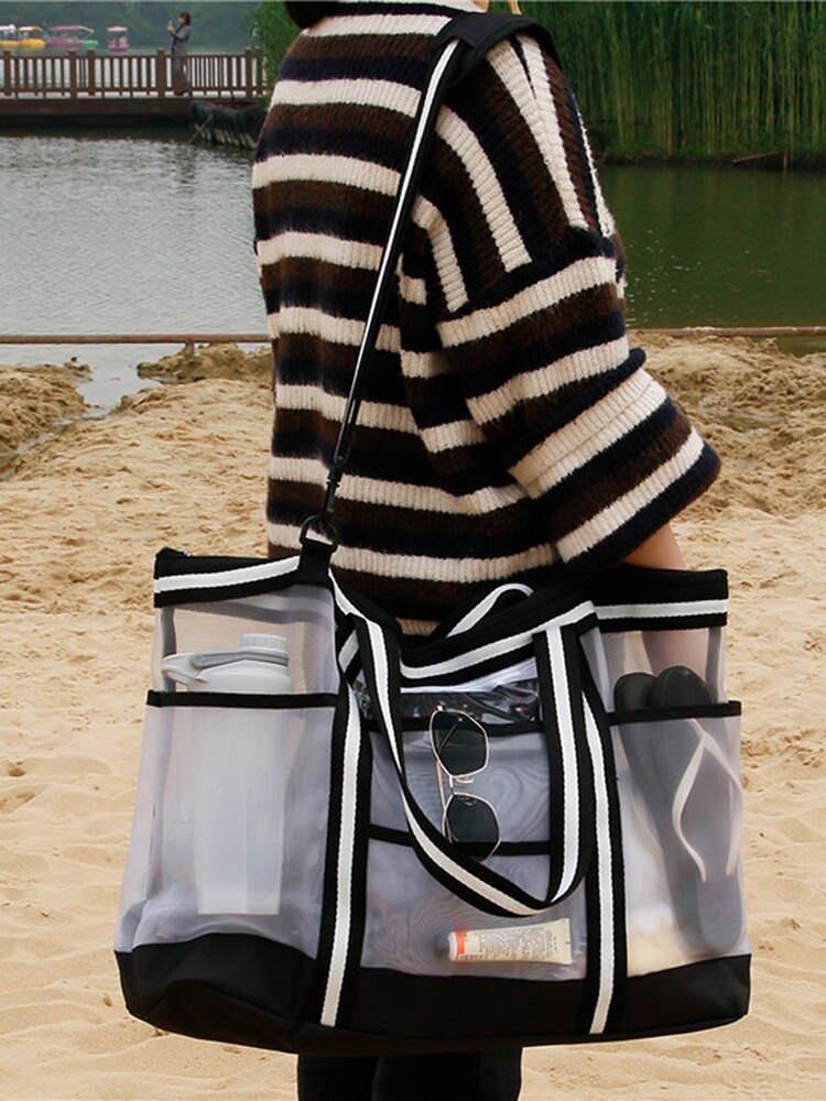 Nylon Mesh Beach Bags Multi-pocket Swimming Sport Tote Picnic Bag Outdoor Beach Foldable Seashell Bag Sundries Organizer